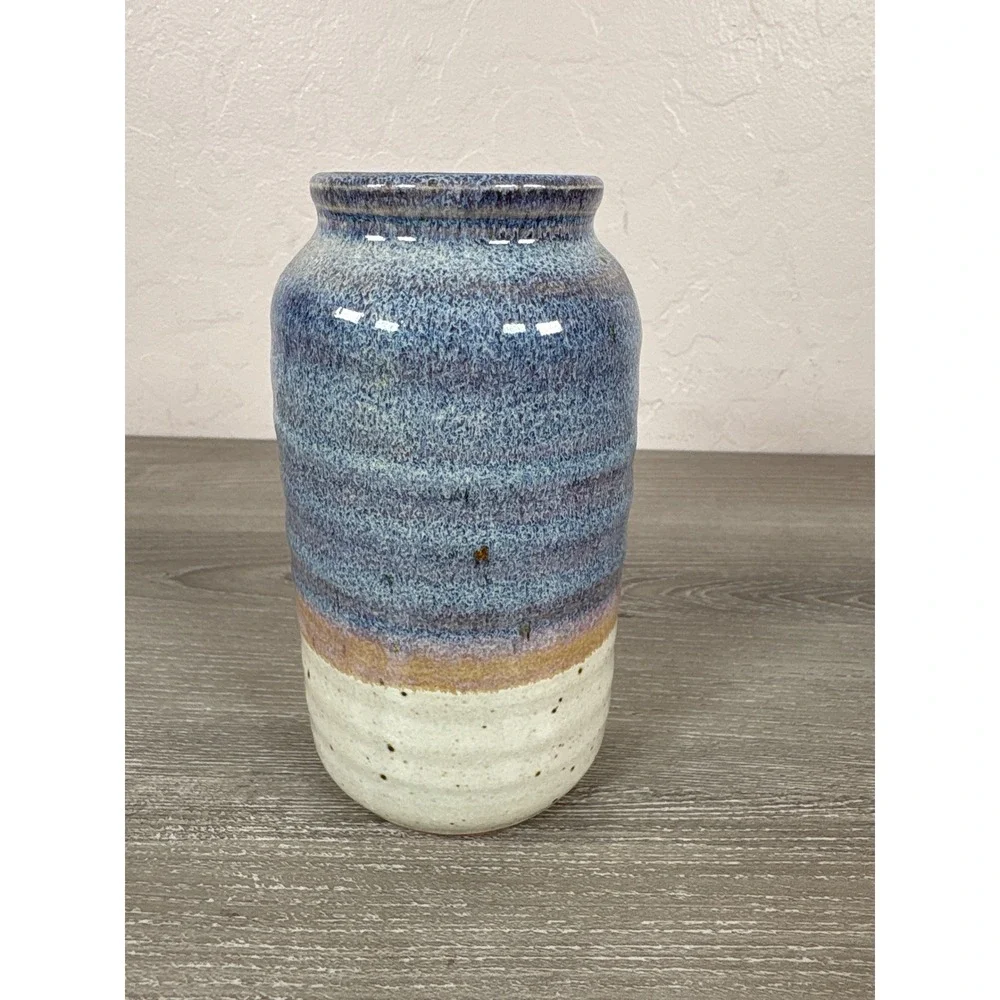 Studio Pottery M&M'S Handcrafted Glazed Ceramic Jar Blue Cream 6 Inch